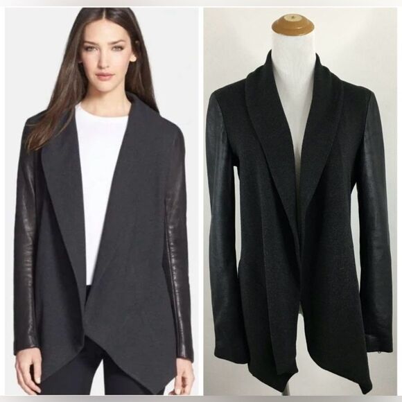 Theory gray/black wool/cashmere/ lamb leather open front jacket, M - Picture 3 of 11